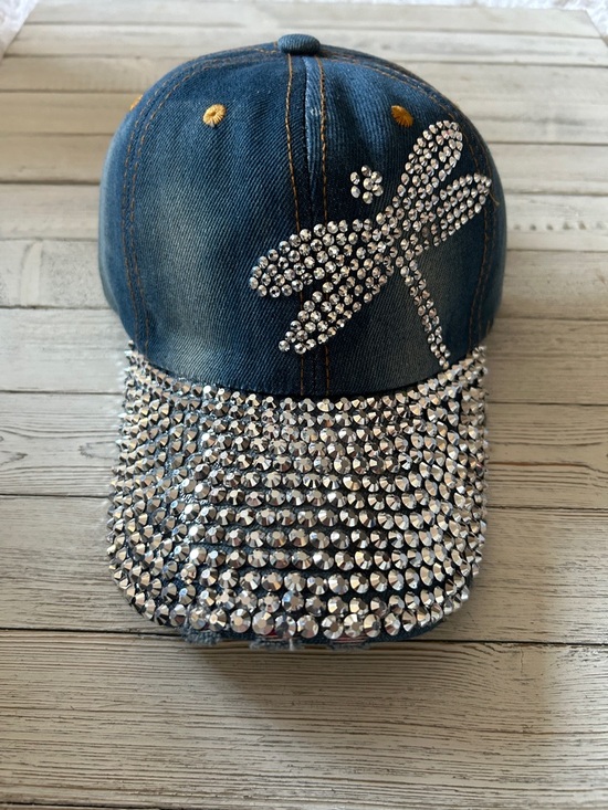 Accessories - Rhinestone Dragonfly Denim Baseball Cap - Blue